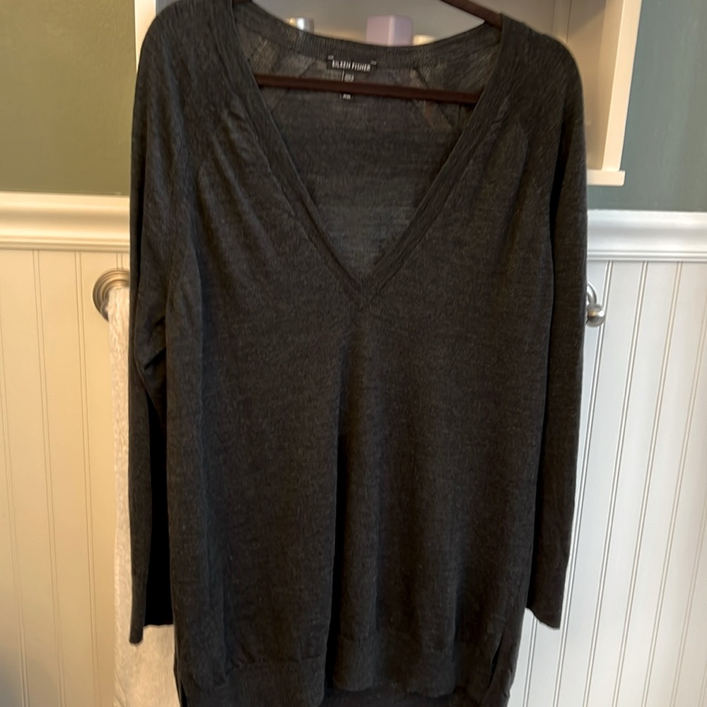 Eileen Fisher Deep V Wool Sweater Charcoall Grey Sz M